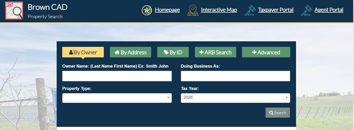 Brown County Appraisal District official property search portal at esearch.brown-cad.org