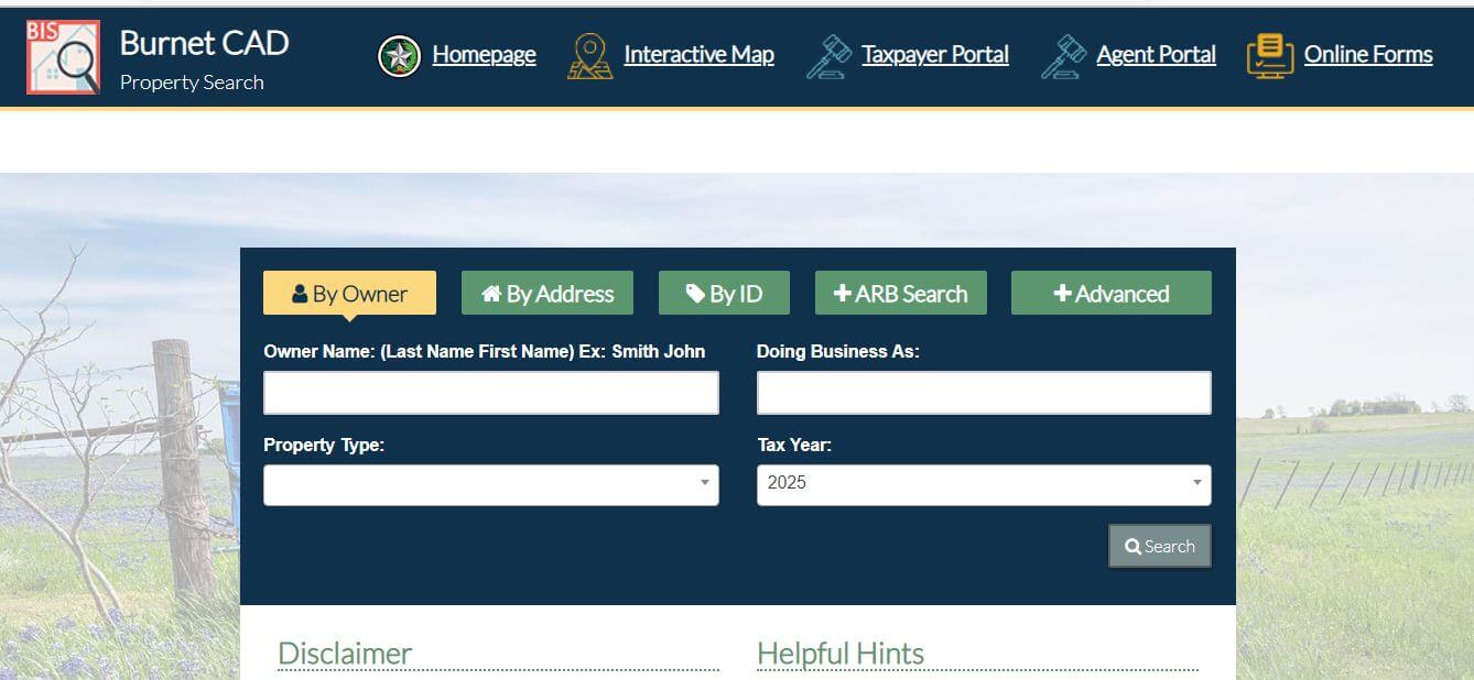 Burnet County Appraisal District official property search portal at esearch.burnet-cad.org