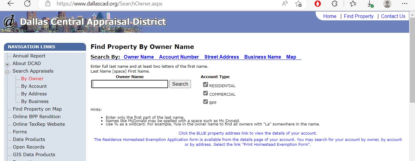 Dallas County Appraisal District official website dallascad.org property search
