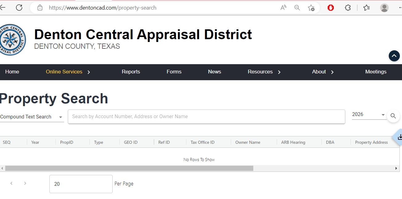 Denton County Appraisal District official property search portal at denton.prodigycad.com