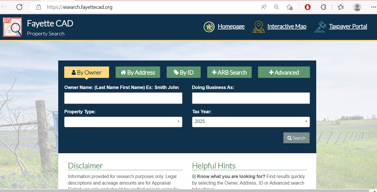 Fayette County Appraisal District official website and property search portal