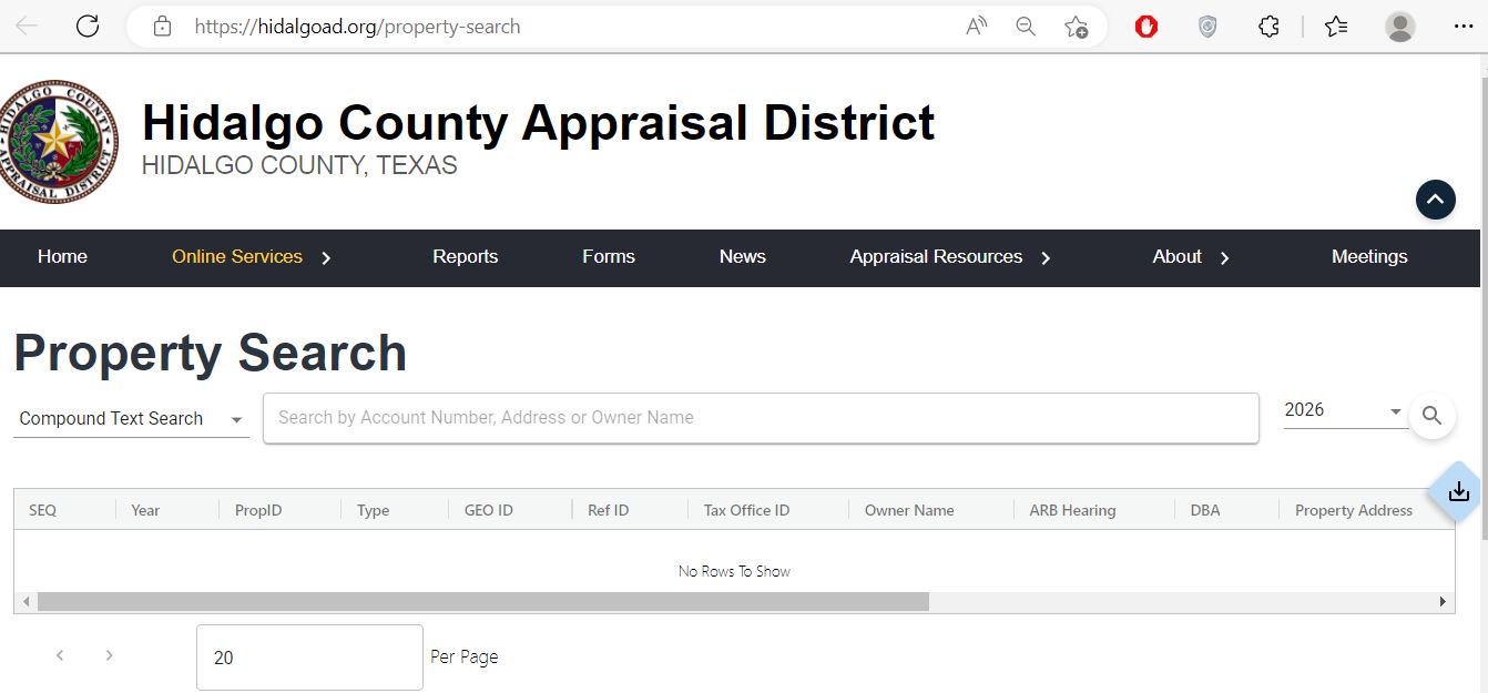 Hidalgo County Appraisal District official property search portal at hidalgoad.org