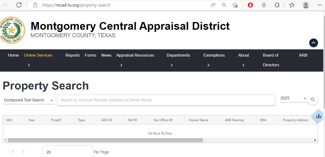 Montgomery Central Appraisal District official website mcad-tx.org property search