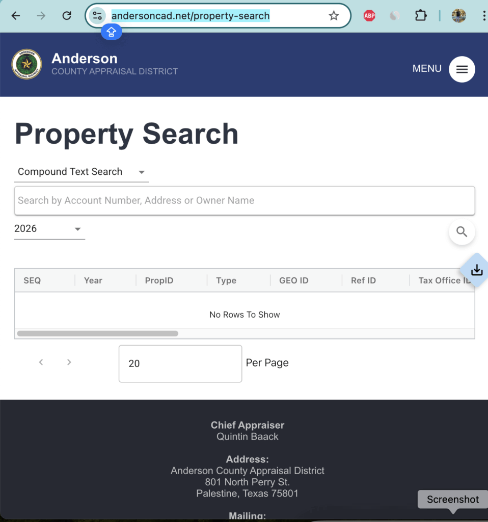 Anderson County Appraisal District property search portal at andersoncad.net