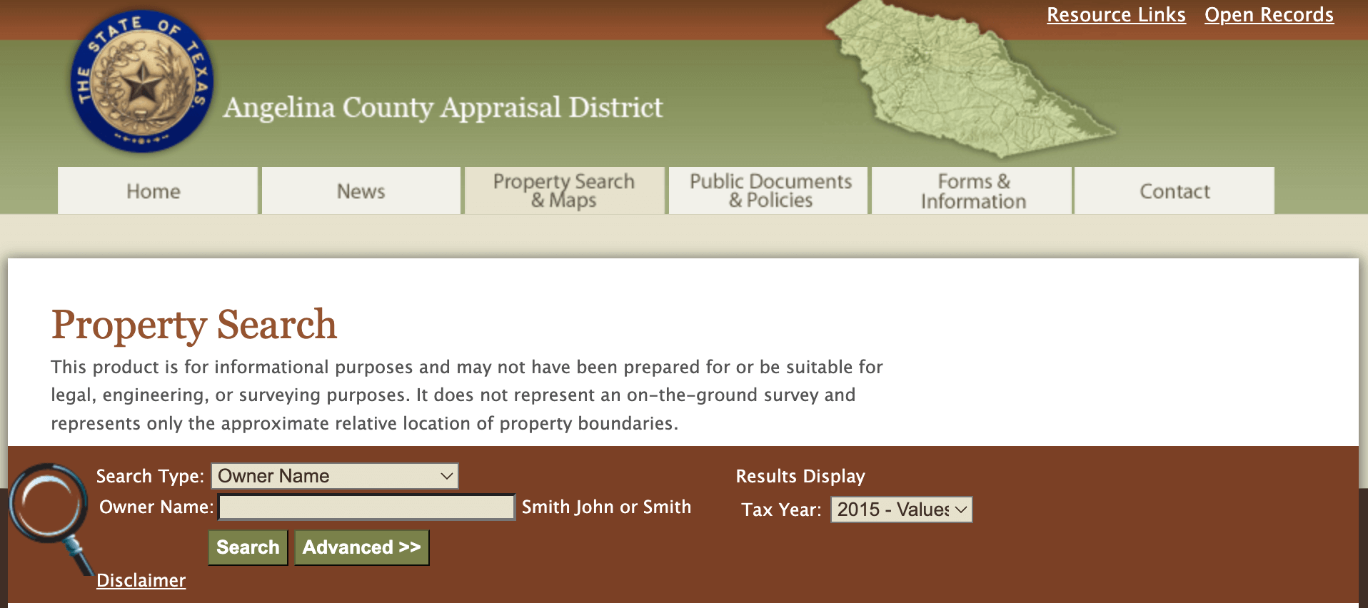 Angelina County Appraisal District property search portal at esearch.angelinacad.org